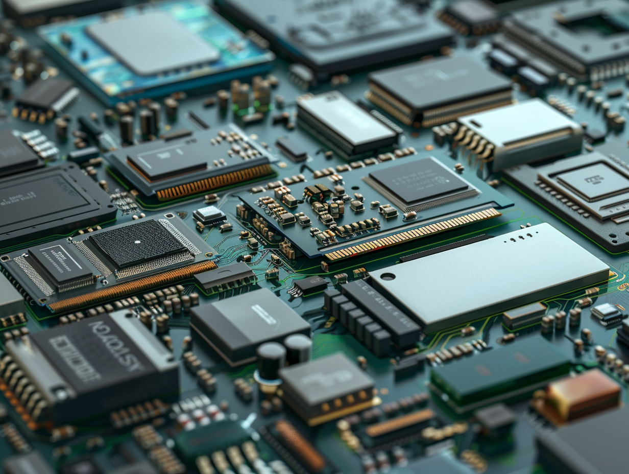 A close up of many electronic components on a table.